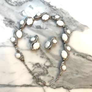 Silver plated vintage set white domastone &crystal collar necklace w/ clips $115